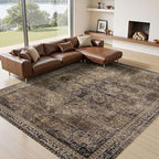 9x12 Area Rug Living Room Rugs, Stain Resistant Washable Rug, Vintage Large Non-Slip Backing, Low Pile Lightweight Print Rug for Bedroom Dinning Room Home Office (Brown1)