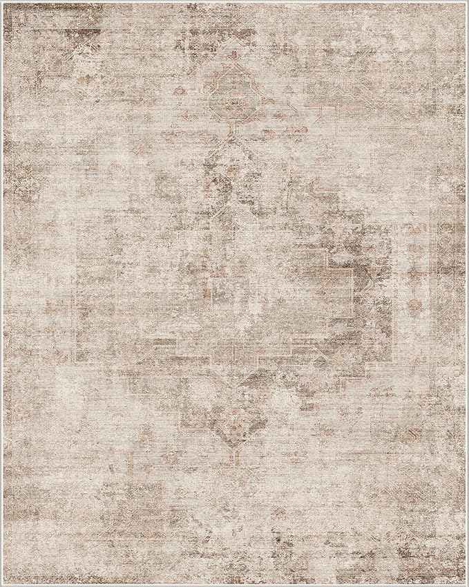 Farmhouse Area Rugs for Living Room - 8x10 Washable Modern Abstract Rug for Bedroom, Dining Room Under Table, Home Office, Soft Washable & Stain Resistance (Beige & Peach)