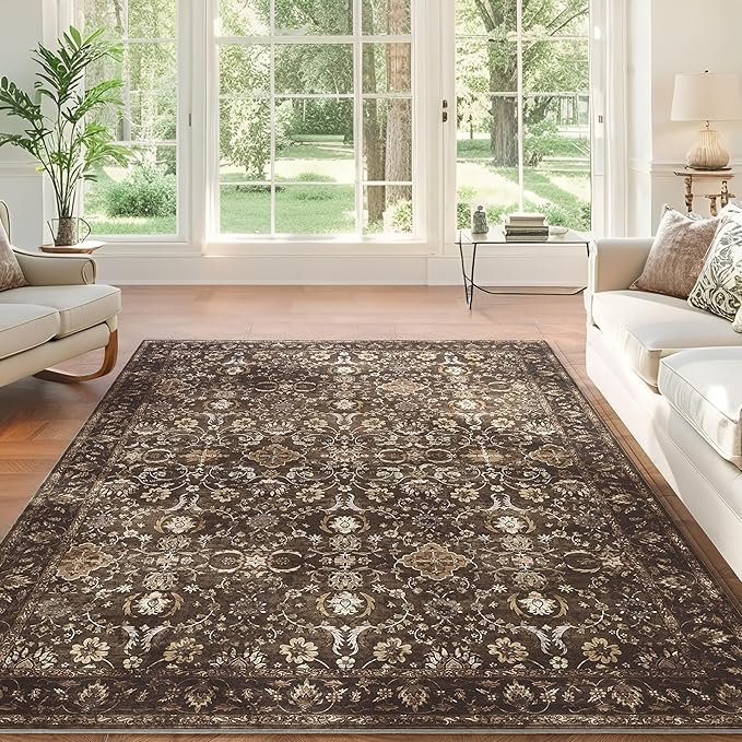 6x9 Rugs for Living Room, Soft Large Area Rugs Brown Washable Rug, Indoor Vintage Rugs for Bedroom Home Office Laundry, Rubber Backed Non Slip Low Pile Carpet, Dark Brown