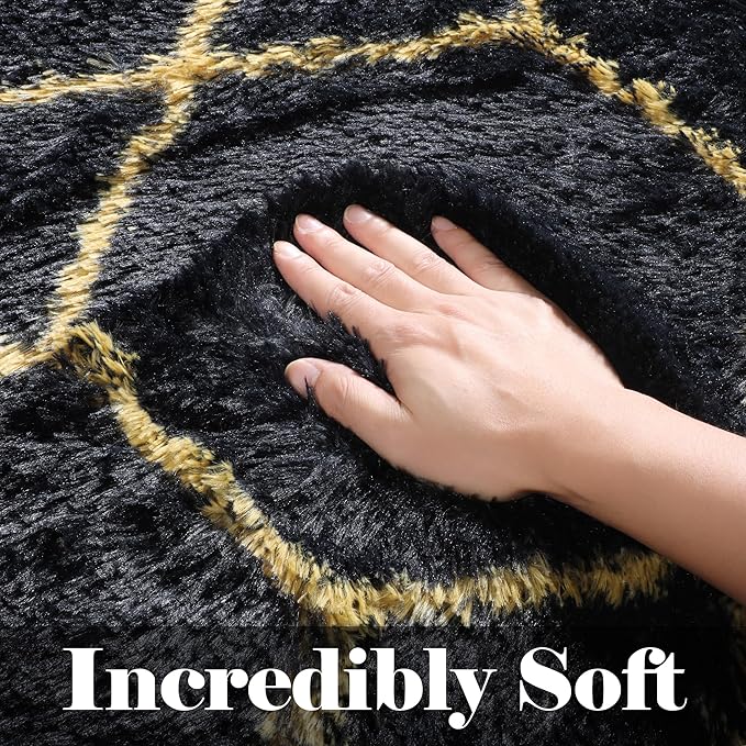 ONASAR 8x10 Area Rugs for Living Room, Fluffy Black and Gold Bedroom Rug, Washable Geometric Boho Large Soft Plush Shaggy Fuzzy Floor Carpet for Nursery Kids Classroom Playroom Dorm Home Decor