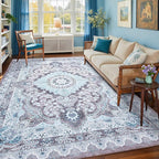 6x9 Area Rug for Bedroom, Machine Washable Rugs with Non-Slip Backing for Living Room, Large Vintage Carpet Kitchen Laundry Kids Room Decor, Blue & Brown