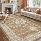 DEXI 5x8 Area Rug for Living Room, Washable Vintage Farmhouse Thin Rug Indoor Floor, Non Slip Stain Resistant Low Pile Carpet for Dining Room Bedroom Office, Light Brown
