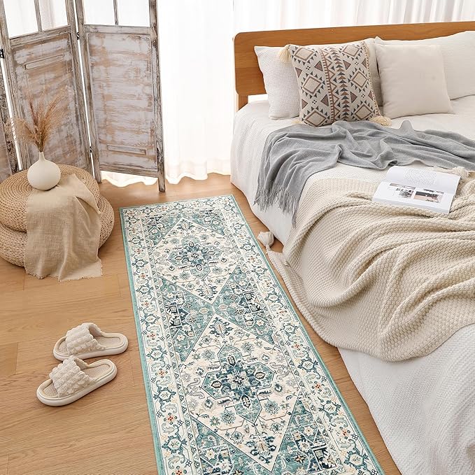 VK VK·LIVING Machine Washable Rug 2'x6' Vintage Design Washable Runner Area Rugs with Non Slip Rugs for Living Room Bedroom Traditional Woven Carpet Stain Resistant Dining Boho Rug, Green&Beige