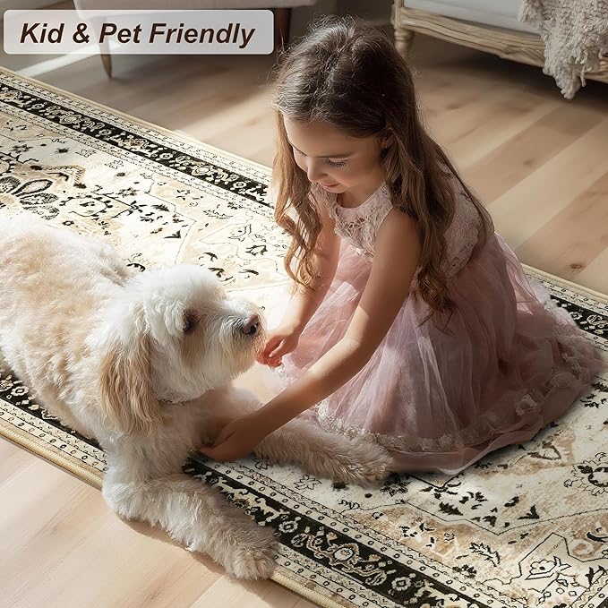 XWZO Runner Rug 2x6ft, Washable Hallway Runner with Non-Slip Backing, Vintage Spill Stain Resistant Floor Mat for Entryway Corridor Bedroom Kitchen, Soft Low-Pile Area Carpet, Brown Beige