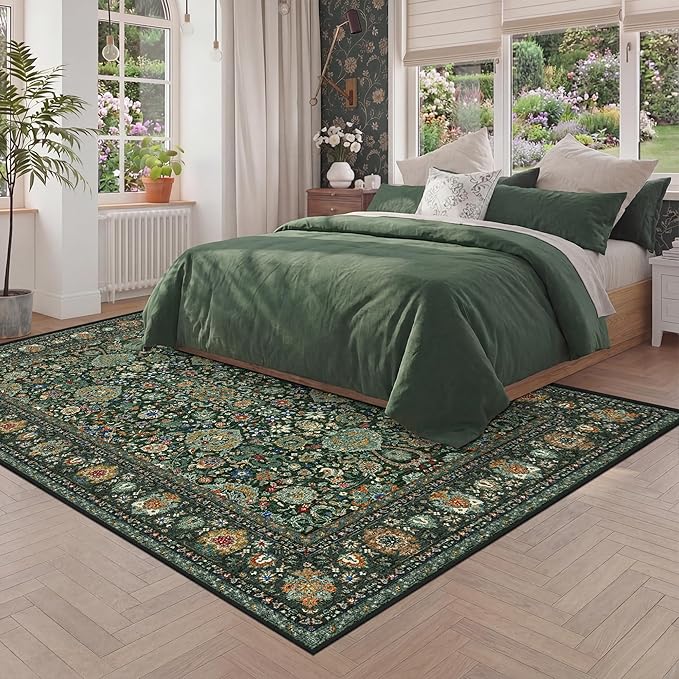 Dark Green Rug 4x6 Area Rug with Non-Slip Backing, Washable Rugs for Bedroom Living Room Kitchen, Distressed Carpet Printed Low-Pile Soft Dorm Rug Room Decor