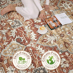 9x12 Area Rug Living Room: Machine Washable Boho Large Vintage Soft Rugs Stain Resistant Farmhouse Oriental Non Slip Indoor Floor Carpet for Bedroom Nursery Kids Playroom Office Dining Room- Red Brown