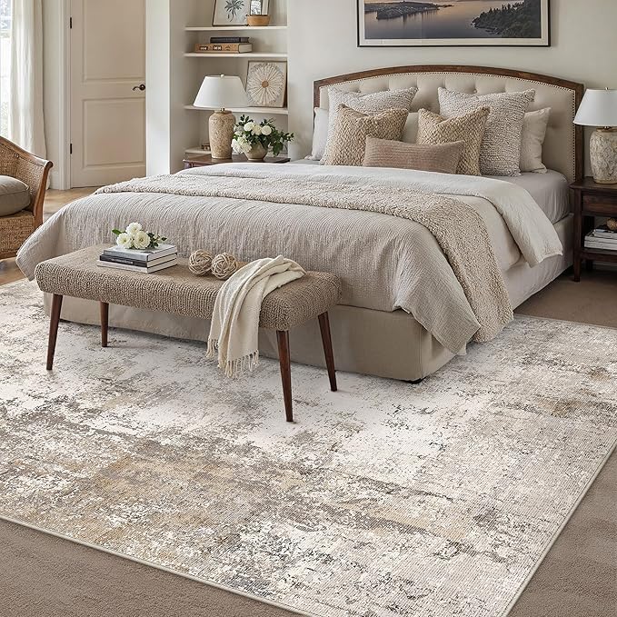 5x7 Washable Area Rug Brown Grey Abstract Living Room Bedroom Throw Rug Neutral Modern Non Slip Soft Low Pile Indoor Carpet for Dining Room Office Entryway
