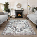 Bloom Rugs Washable Non-Slip 3' x 5' Rug - Charcoal/Brown Traditional Medallion Area Rug for Living Room, Bedroom, Dining Room, and Kitchen - Exact Size: 3' x 5'