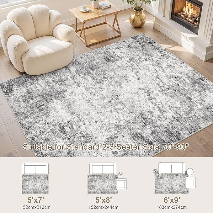 5x8 Area Rug Living Room Rugs - Washable Neutral Modern Abstract Soft Thin Large Rug Indoor Floor No Slip Rug Carpet for Bedroom Under Dining Table Home Office Decor - Grey
