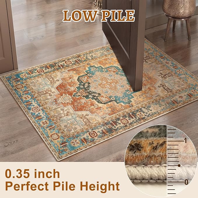 Tangsoo 5x7 Area Rug Washable for Living Room, Vintage Rug Indoor Non Slip Large Area Rugs, Print Distressed Orange Carpet, Soft Low Pile Foldable Floor Rug for Bedroom Dining Room Dorm