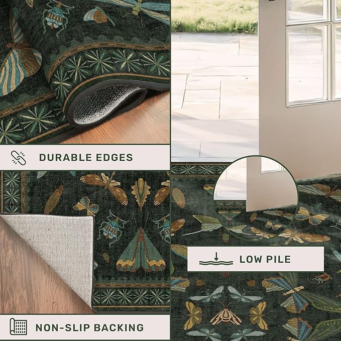 3x12 Long Hallway Runner Rug Non Slip - Washable Front Door Runner Indoor Entrance, Boho Nature Insect Stain Resistant Kitchen Carpet, Low Pile & Soft Indoor Décor (Dark Green)