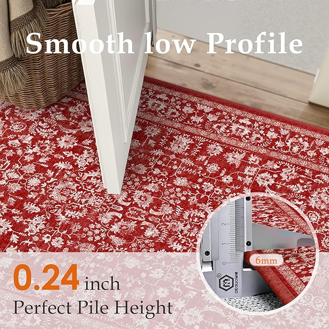 Christmas Area Rug 2x3 Red Washable Entryway Non Slip Small Carpet Holiday Door Mat Vintage Distressed Floral Accent Rug Low Pile Soft Thin Xmas Doormat for Bathroom Laundry Kitchen