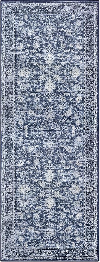KILOCOCO Hallway Runner 3x10 Rug Runner Printed Vintage Floral Washable Kitchen Runners Non-Slip Rubber Backed Runners for Hallways Laundry Room Distressed Boho Rugs for Entryway Bedroom, Blue