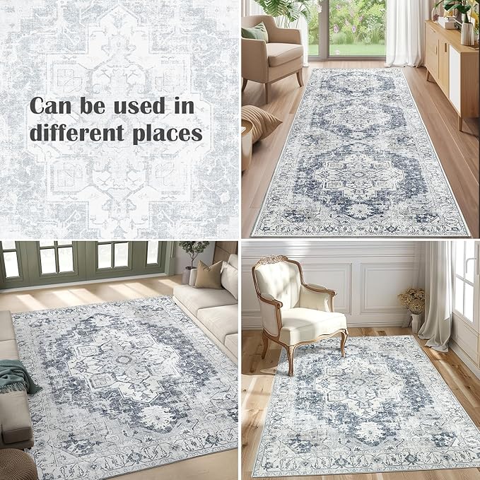 jinchan Kelda Runner Rug 2x5 Hallway Rug Kitchen Washable Runner Vintage Mat Retro Print Lightweight Non-Slip Accent Floor Cover Distressed Thin Carpet for Entryway Bathroom Bedroom Laundry Room Grey
