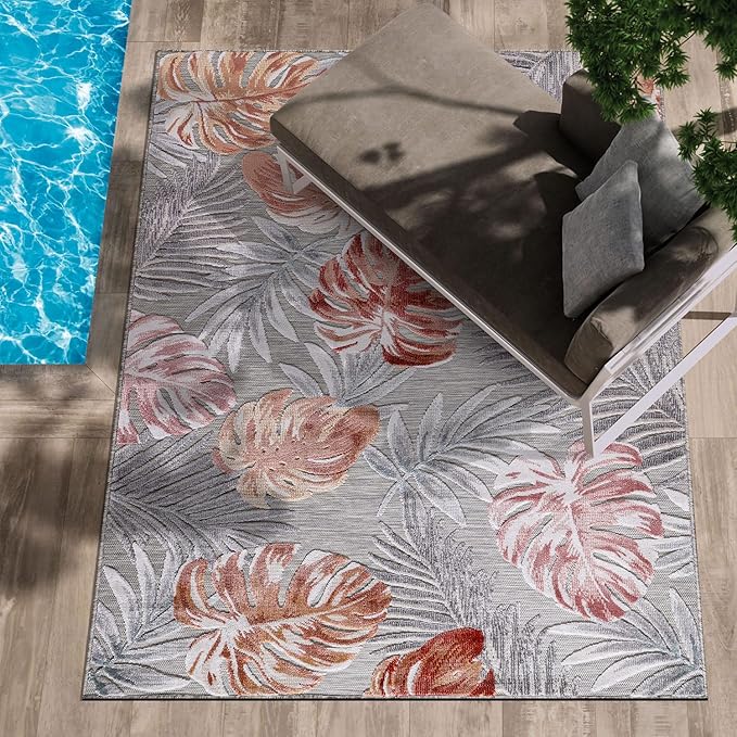 CAMILSON Indoor Outdoor Rug, Multi 4x6 Leaf Tropical Botanical Area Rugs for Indoor and Outdoor patios, Easy-Cleaning Non-Shedding Living Room, Garden and Kitchen Washable Outside Carpet (4 x 6)