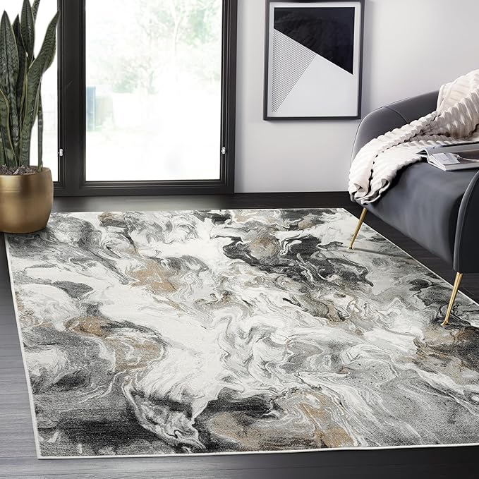 Abani Regal Collection Area Rug - Abstract Grey Black Marble Swirl Design - 5' x 8' - for Living Room, Bedroom & Office Washable