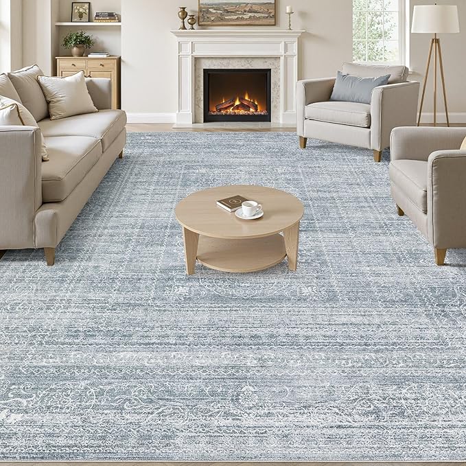 6x9 Area Rugs Living Room: Washable Large Vintage Blue Rug Neutral Non-Slip Soft Stain Resistant Indoor Carpet for Bedroom Nursery Dining Room Under Table Bed Home House Office Playroom