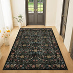 DUKINO 3x5 Area Rug, Vintage Floral Washable Rug for Bedroom with Non Slip Design, Soft Low Pile Indoor Small Carpet for Bedroom, Farmhouse, Living Room, Office, Bathroom, Black