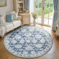 jinchan Fiora Round Rug 7ft Area Rug - Dark Blue Vintage Floor Mat Indoor Ultra-Thin Soft Floral Print - Washable Circle 7' Retro Accent for Farmhouse Non Slip Dining Room Living Room Bedroom Office