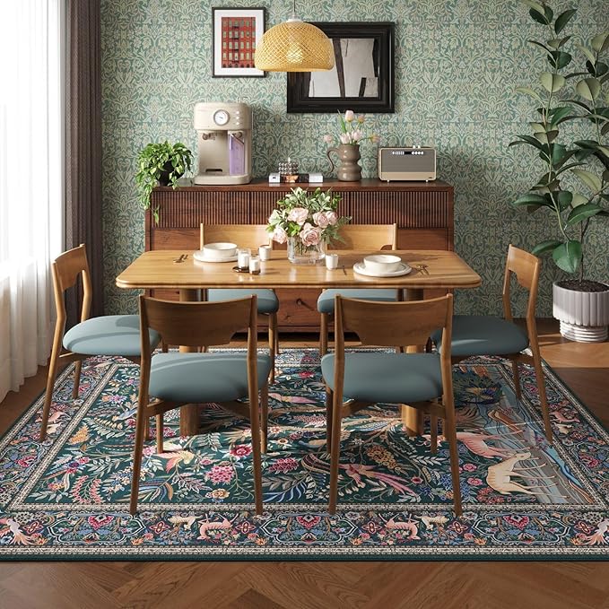 Rugcomf Area Rugs 5x7 Vibrant Tree of Life-Patterned Vintage Washable Area Rug Non Slip Low Pile Large Rugs for Living Room Bedroom Farmhouse Dining Room Kids Playroom, Green
