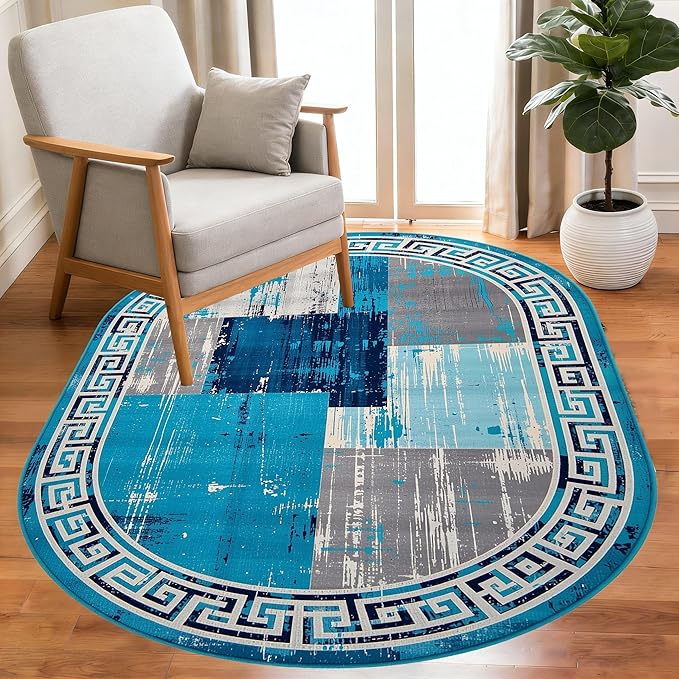 Distressed Blue Grey Greek Key Pattern Indoor Area Rug 6x9 for Living Room Bedroom Dining Room Faux Wool Anti Slip Floor Mats Nursery Entryway Minimalist Geometric Texture Bordered Rugs Retro Carpet