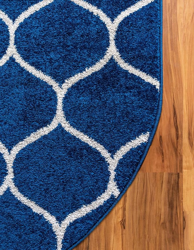 Rugs.com Lattice Frieze Collection Rug – 5' x 8' Oval Navy Blue Medium Rug Perfect for Living Rooms, Large Dining Rooms, Open Floorplans