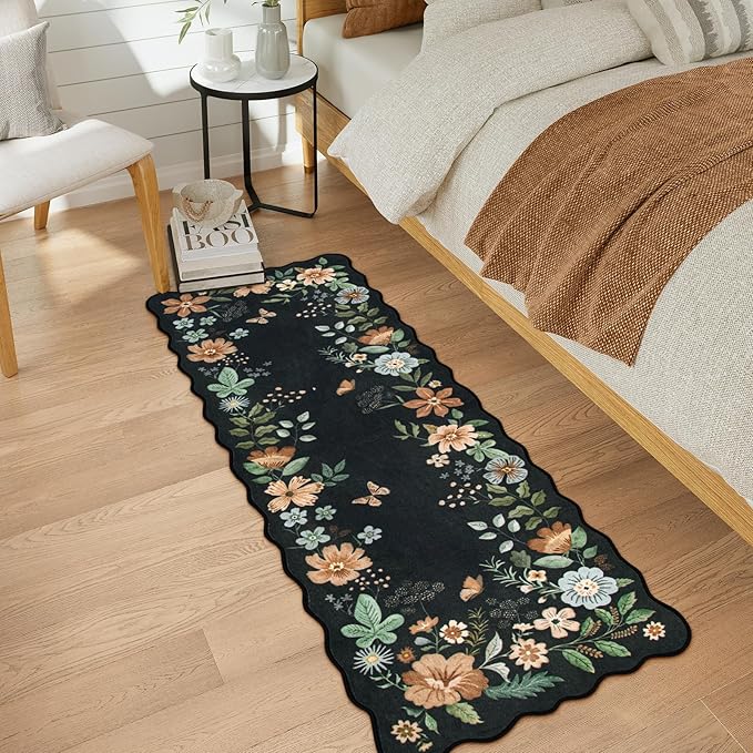 Lahome Floral Kitchen Runner, 2x5 Soft Washable Runner Rug Non Slip, Ultra-Thin Hallway Rug Stain Resistant Boho Carpet for ‎Laundry Bathroom Bedroom, Black/Grey