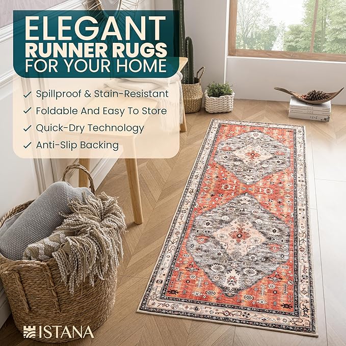 Istana Hallway Runner Rug 2.5x8 – Red/Teal Entryway Rug -Silk's Soft Touch Runners for Hallways - Stylish Kitchen Runner Rug Non Slip