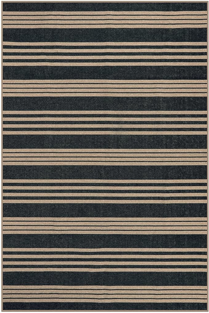 Lahome Striped Easy Jute Rugs for Living Room, 6x9 Washable Indoor Outdoor Patio Rug, Neutral Thin Non Slip Non Shedding Black Dining Room Carpet for Under Table Mudroom Classroom