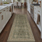 Hallway Runner Rug 2x6 Green Brown Vintage Washable Kitchen Carpet Traditonal Distressed Soft Non Slip Long Runner Retro Low Pile Thin Rug for Laundry Bedroom Entrance Bathroom
