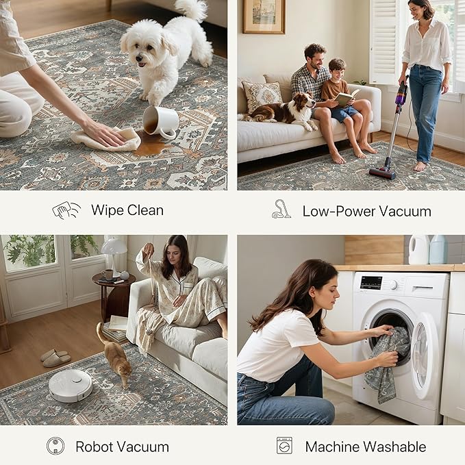 Bavni 3x5 Area Rug for Living Room Bedroom, Washable Boho Print Vintage Aesthetic Rug, Ultra-Thin Low Pile Rugs for Entryway Playroom with Non Slip Backing, Grey