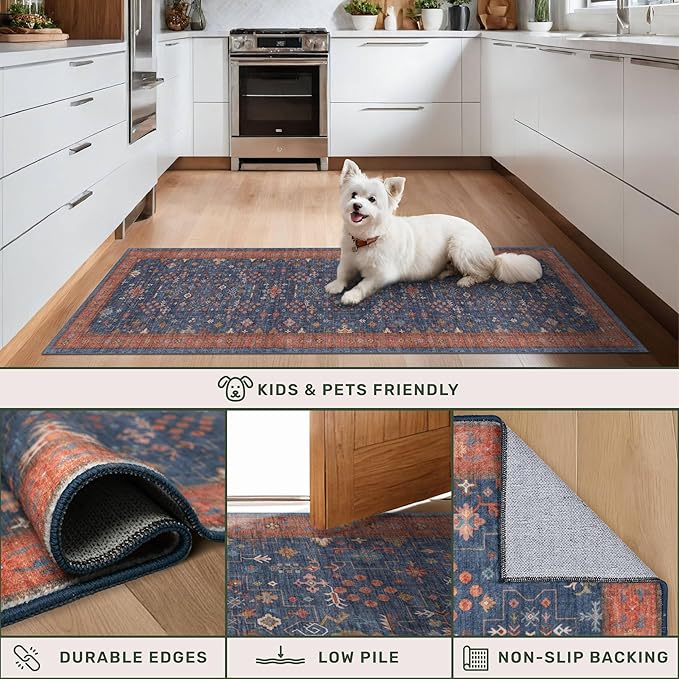 Dining Room Rugs for Under Table - 6x8 Washable Area Rug for Living Room, Low Pile Non-Slip Rugs for Bedroom - Navy Blue & Terracotta Vintage Boho Eclectic Home Decor