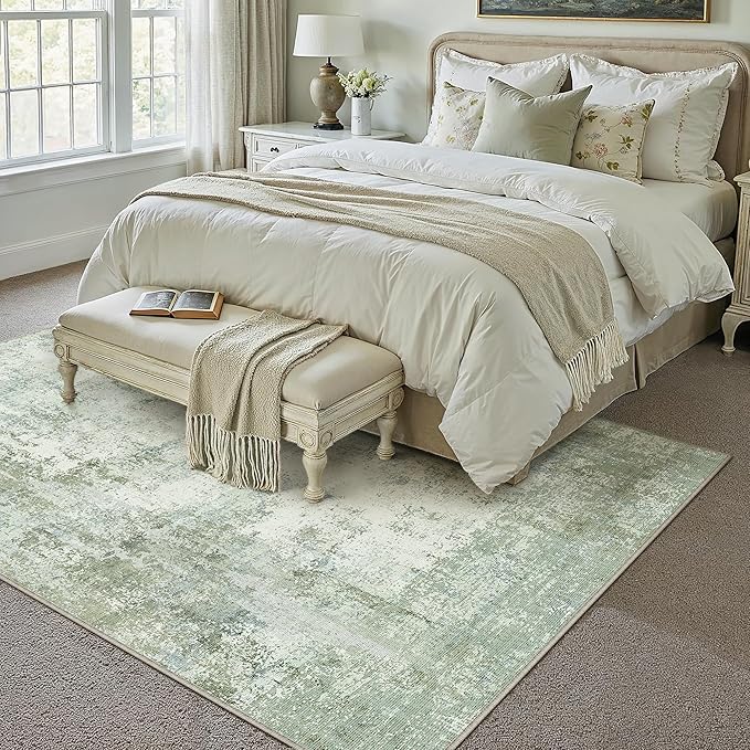 12x15 Washable Area Rug Sage Green Abstract Living Room Bedroom Carpet Neutral Modern Non-Slip Soft Low Pile Lightweight Vacuumable Large Throw Rug for Dining Room