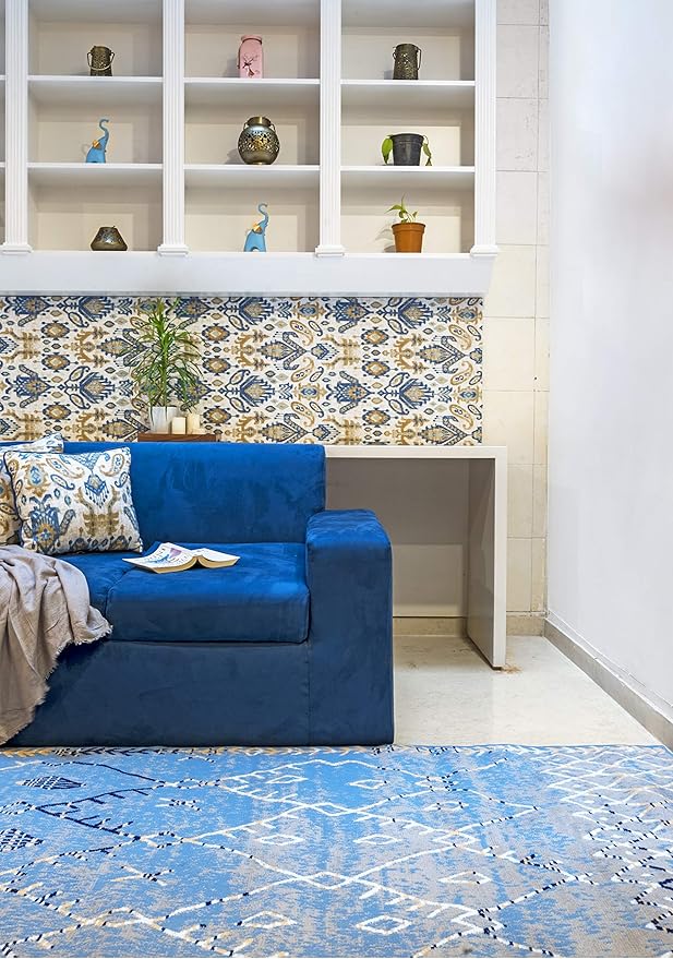 Furnish my Place Trellis Pattern Runner Rug - 2 ft. x 8 ft, Light Blue, Bohemian Rug with Transitional Design