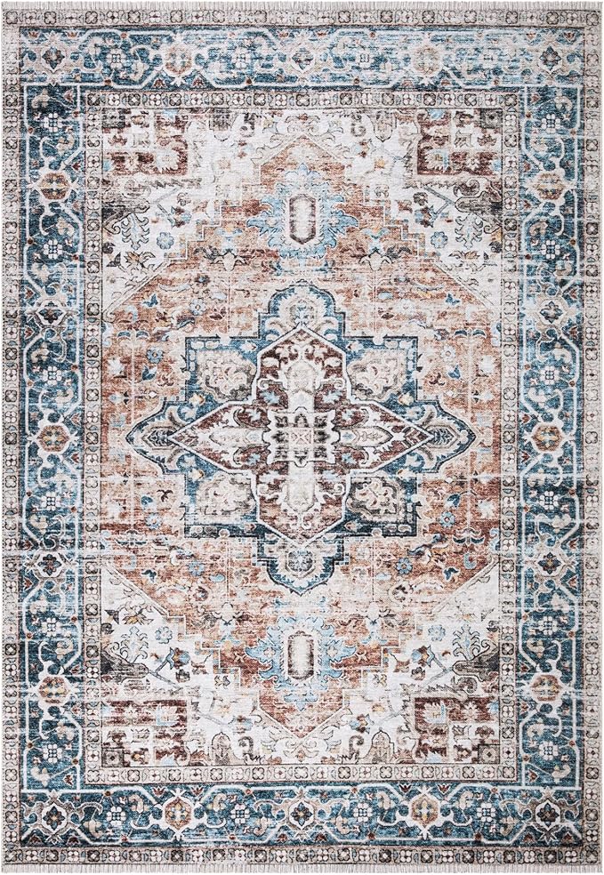 Bloom Rugs Caria Washable Non-Slip 8x10 Rug - Terracotta/Blue Traditional Area Rug for Living Room, Bedroom, Dining Room, and Kitchen - Exact Size: 7'8" x 10'