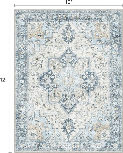 10x12 Area Rugs for Living Room, Machine Washable Rug, Non Slip Vintage Rugs, Low Pile Lightweight Print Rug for Bedroom, Dining Room, Home Office, Blue