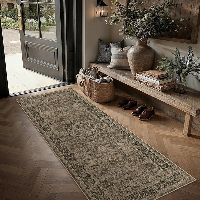 Hallway Runner Rug 2x6 Washable Brown Vintage Distressed Long Runner Oriental Soft Thin Indoor Carpet Non Slip Low Pile Throw Rug for Kitchen Bedroom Laundry Bedside Entryway
