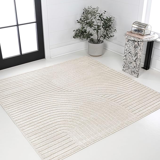 JONATHAN Y Hallie High-Low Curve Ivory/Cream 7x7 Square Indoor/Outdoor Area Rug, Minimalist, Pet Friendly, Non-Shedding, Stain Resistant, Hose-Washable for Backyard, Patio, Porch (SCN100B-7SQ)