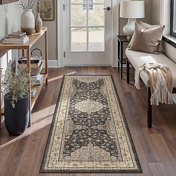 HUGEAR Machine Washable Hallway Runner Rugs 2x6 Vintage Black Neutral Style Non Slip Stain Resistant Low Pile Throw Carpet for Bedroom Kitchen Retro Aesthetic Modern Decor