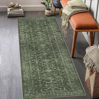 Washable Area Rug 2.6x8 Green Runner Rugs for Living Room, Vintage Boho Hallway Large Rug for Bedroom Dining Room Office, Distressed Floral Carpet for Under Table, Soft Non Slip Low Pile Throw Carpet