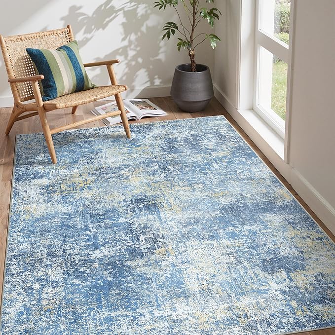 Bavni 6x9 Area Rugs Machine Washable Rug for Living Room, Modern Printed Rug Indoor Soft Area Rug for Bedroom Dining Room, Ultra-Thin Low Pile Carpet with Non Slip Rubber Backing, Denim Blue