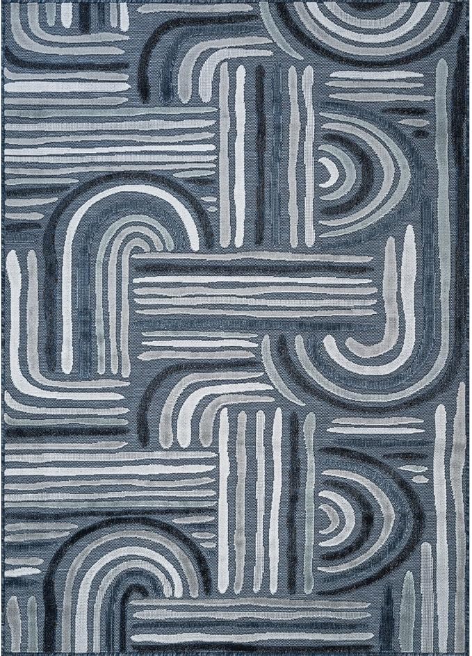 CAMILSON Indoor Outdoor Rug, Navy Blue 8x10 Geometric Arch Striped Area Rugs for Patio and Home Areas, Easy-Cleaning Non-Shedding Living Room, Garden and Deck Washable Outside Carpet (8 x 10)