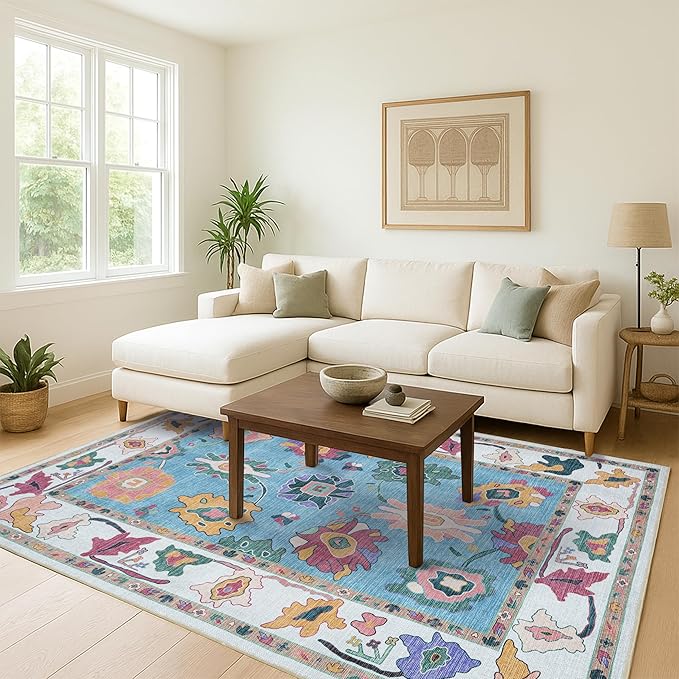 Fame Living Colorful Oushak Rug, Modern Small Rugs, Vintage, Turkish, Eclectic, Floral, Pastel, Washable, Door Mat, Doormat for Indoor Entrance, Entryway, Kitchen, Bathroom, Bedroom, Laundry, 2'x3'