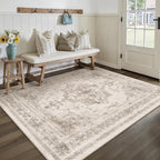 Area Rug 6x9 Beige Washable Living Room Carpet Non Slip Vintage Medallion Indoor Bedroom Carpet Low Pile Soft Retro Distressed Large Rug Home Office Dining Room Playroom