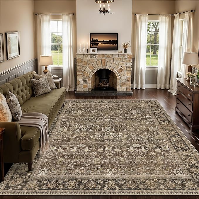 HUGEAR 6x9 Machine Washable Rugs Brown Hallway Large Area Rug Indoor Accent Rug Floral Mid Pile Carpet Soft Thicker Throw Aesthetic Rug Bedroom Living Room Office Dining Kitchen Laundry