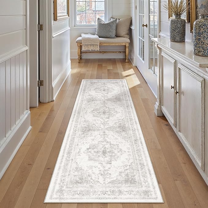 Runner Rug 3x7 Washable Light Gray Hallway Runner Vintage Boho Medallion Non Slip Grey Distressed Retro Carpet Indoor Low Pile Long Soft Rug for Kitchen Entryway Bedroom Bathroom Laundry