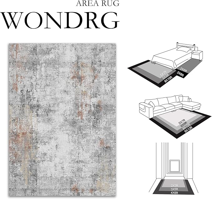 8x10 Washable Area Rug Grey Rust Abstract Living Room Bedroom Carpet Neutral Modern Non-Slip Soft Low Pile Lightweight Vacuumable Large Throw Rug for Dining Room