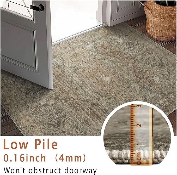 vivorug Runner Rug 2x10 Machine Washable Rug with Non-Slip Backing, Ideal for Kitchen Hallway Entryway Laundry Room - Vintage, Durable, Easy Clean, Low Pile Carpet Runner Olive