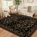 Black Rug for Living Room 5x7 Area Rugs, Machine Washable Non-Slip Carpet, Boho Floral Low Pile Throw Rugs for Bedroom, Dining Room, Office, Nursery, Vintage Home Decor