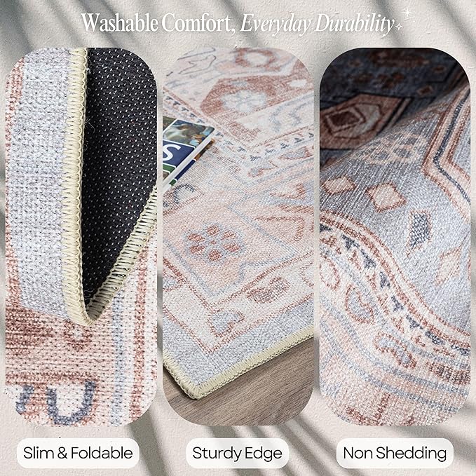 Fame Rugs Turkish Rug. Washable Vintage Oriental Antique Inspired Traditional Doormat Small Modern Area Rugs Luxury Entryway Entry Bedroom Bathroom Kitchen (403CC, 2'5 x 9'8)